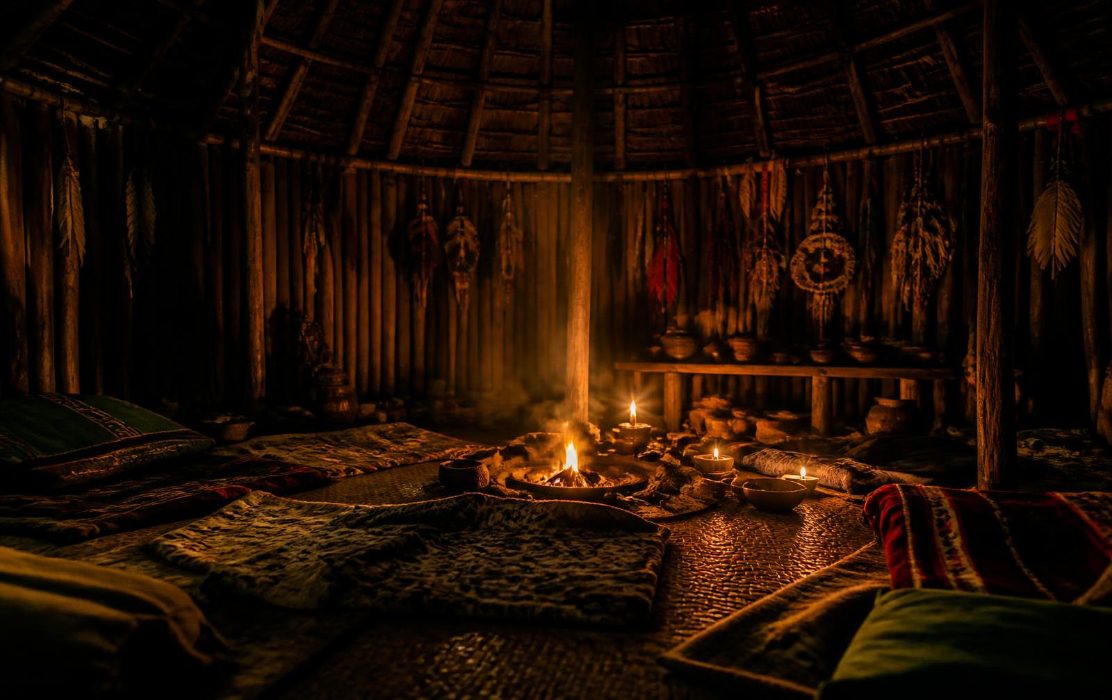 Interior de una maloca ceremonial de noche, con fuego y esteras dispuestas en círculo
