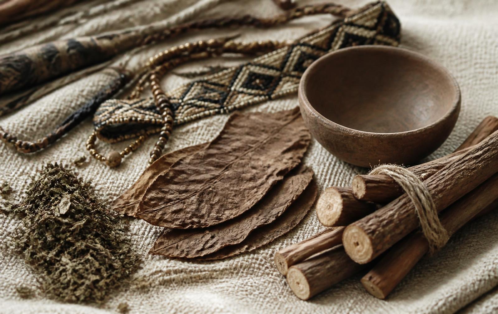 Detalle de objetos de medicina ancestral sobre lino: liana, hojas de tabaco, cuenco de barro y chaquiras